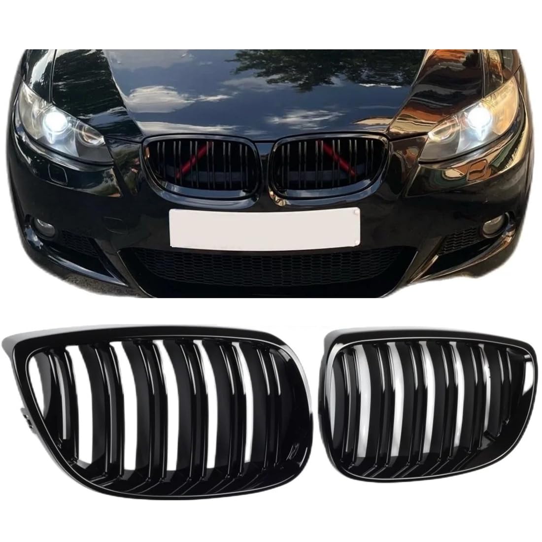 フロントグリルカ for BMW E92 E93 M3 2006-2009 用、1 ペアグロスブラックデュアルラインレーシンググリルフロントバンパーキドニーグリル
