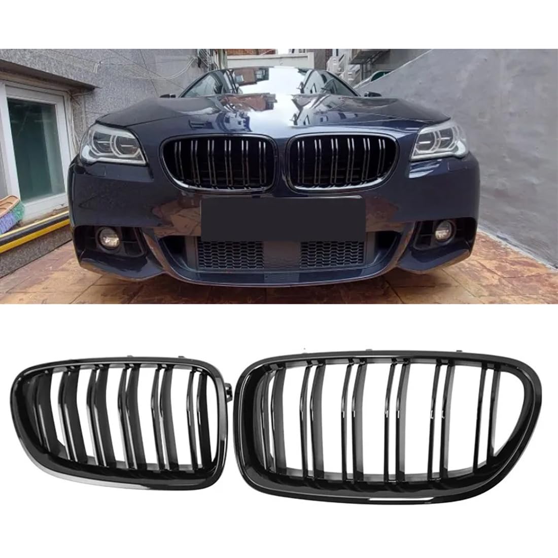 フロントグリルカ for BMW 5 シリーズ F10 F18 520/523/525/530/2010-2017 用、1 ペアダブルスラット車フロントグリルレーシンググリルグリル