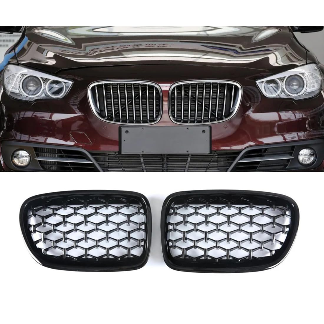 フロントグリルカ for BMW 5 シリーズ GT F07 528i 535i 550i 2009-2017 用、1 ペアダイヤモンドグリルフロントバンパーキドニーグリル 24,938円