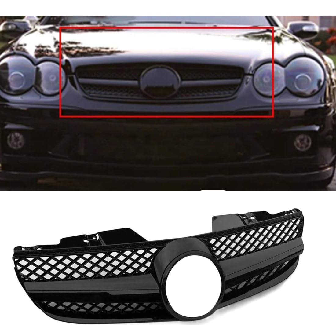 フロントグリルカ メルセデスベンツ R230 SL クラス SL500 SL550 SL600 2007-2009 用、1 個グロスブラック車フロント ABS グリルアッパーグリル