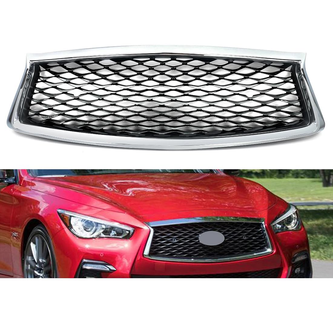 フロントグリルカ インフィニティ Q50 Q50S 2018-2022 用、1 個フロントバンパーアッパーグリルフードグリルクロームブラック|lifeoneショップ