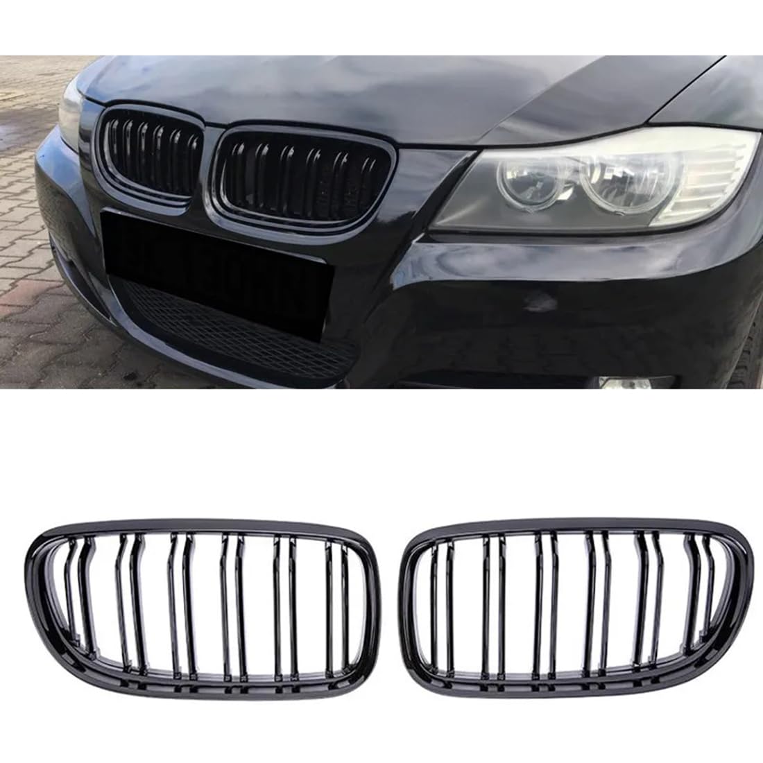 フロントグリルカ for BMW 3 シリーズ E90 E91 LCi 2009-2012 用、1 ペアダブルスラットグロスブラック車フロントグリルレーシンググリル