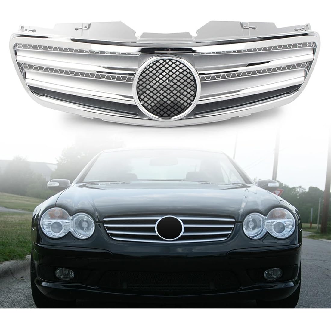 フロントグリルカ メルセデスベンツ R230 SL クラス SL500 SL600 SL550 W230 2003-2007 用、クロームシルバー車フロントグリル 1 個