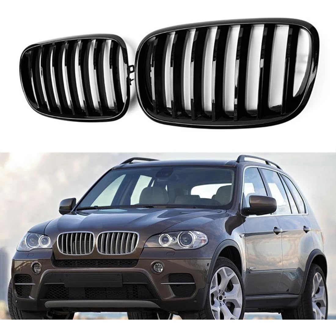 フロントグリルカ for BMW E70 E71 E72 X5 X6 2007-2013 用、1 ペアシングルスラットキドニーグリルグリルフロントバンパーグリル 8,612円