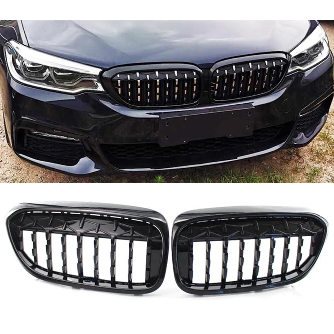 フロントグリルカ for BMW 5 シリーズ G30 G38 2017-2020 用、1 ペア車ダイヤモンドグリルフロントキドニーグリルクロームメッシュグリル