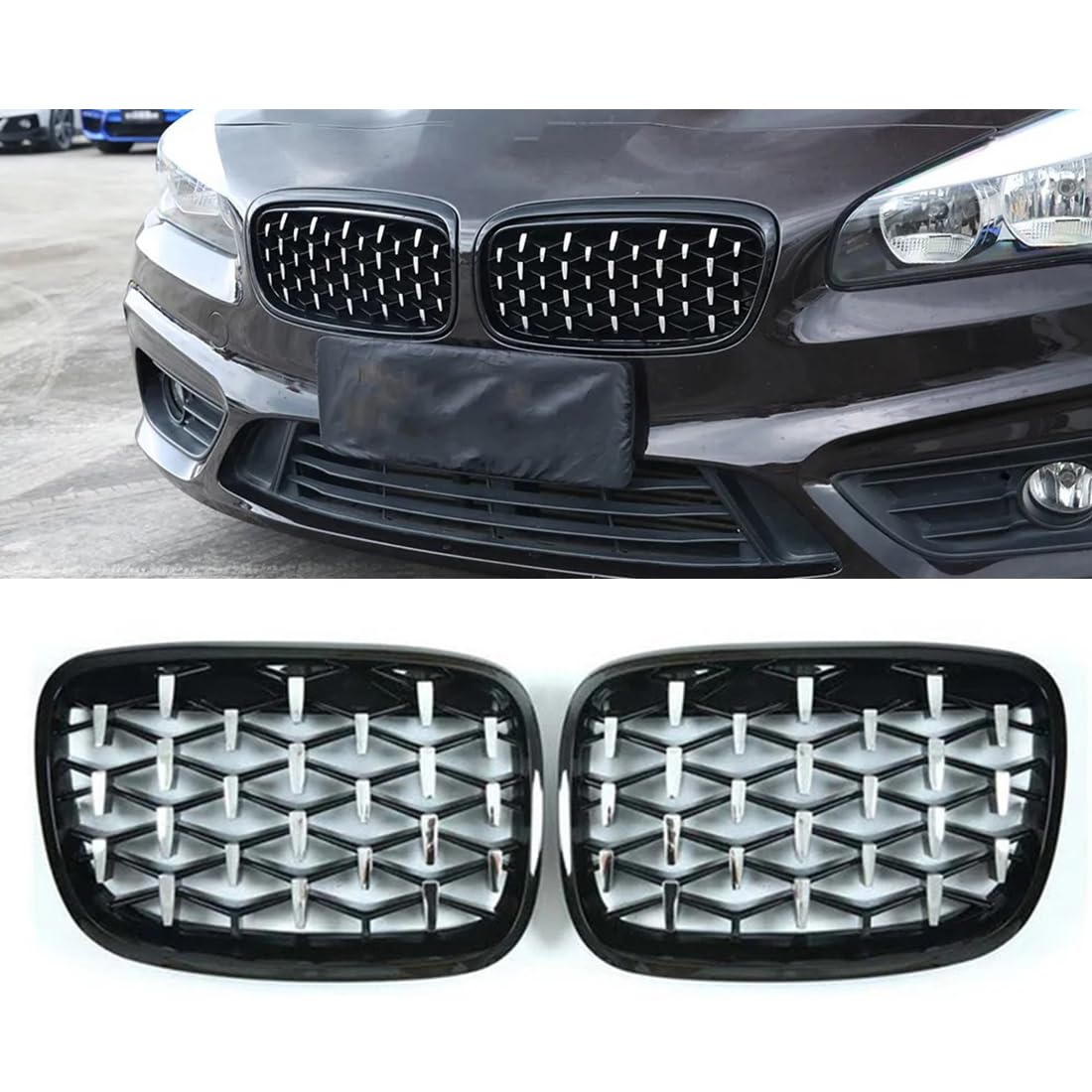 フロントグリルカ for BMW 2 シリーズ F45 228i 220i 235i 2014-2018 用、1 ペアダイヤモンドスタースタイルグリル車フロント腎臓バンパーグリル