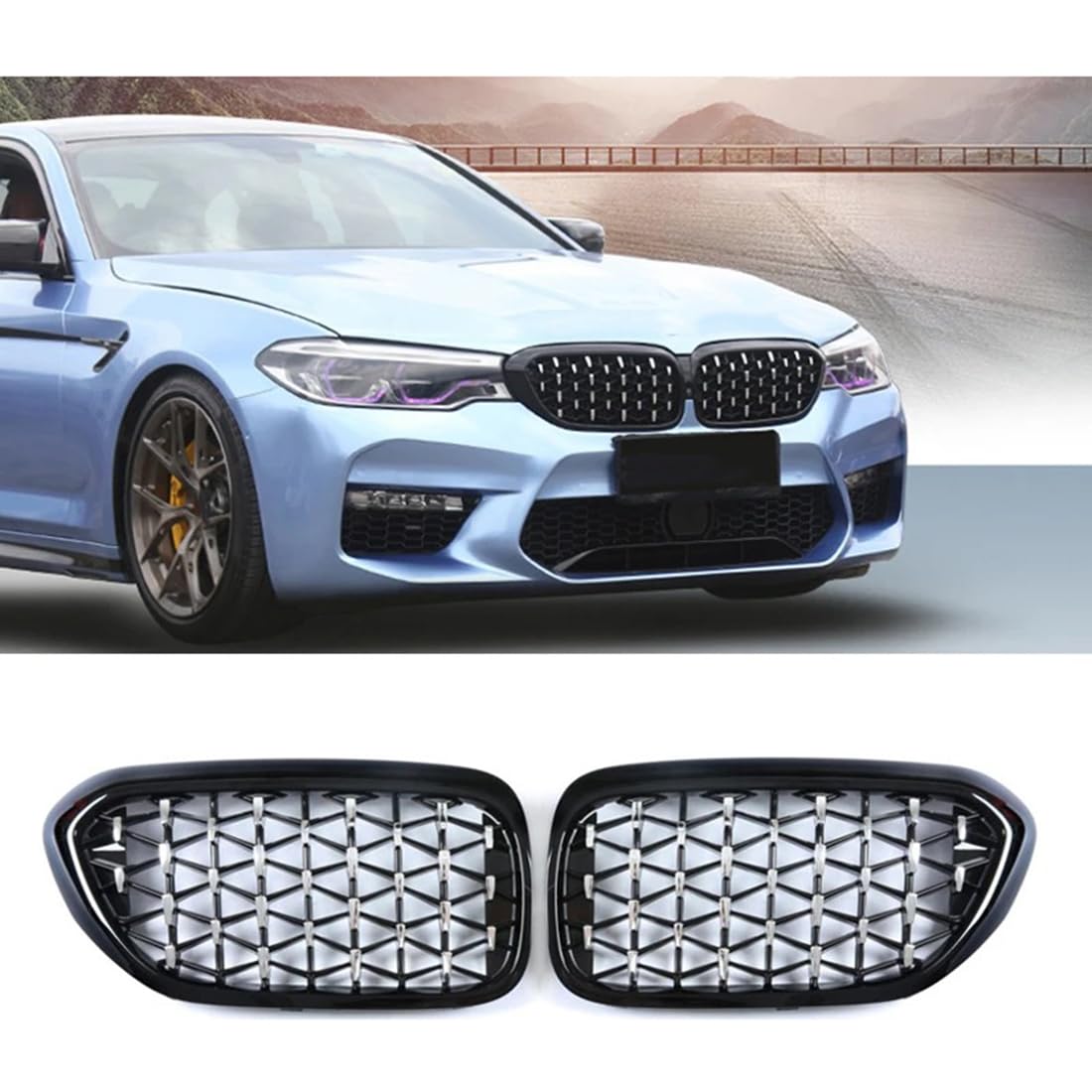 フロントグリルカ for BMW 5 シリーズ G30 G38 2017-2020 用、1 ペアダイヤモンド流星スタイル車フロントバンパー腎臓グリル