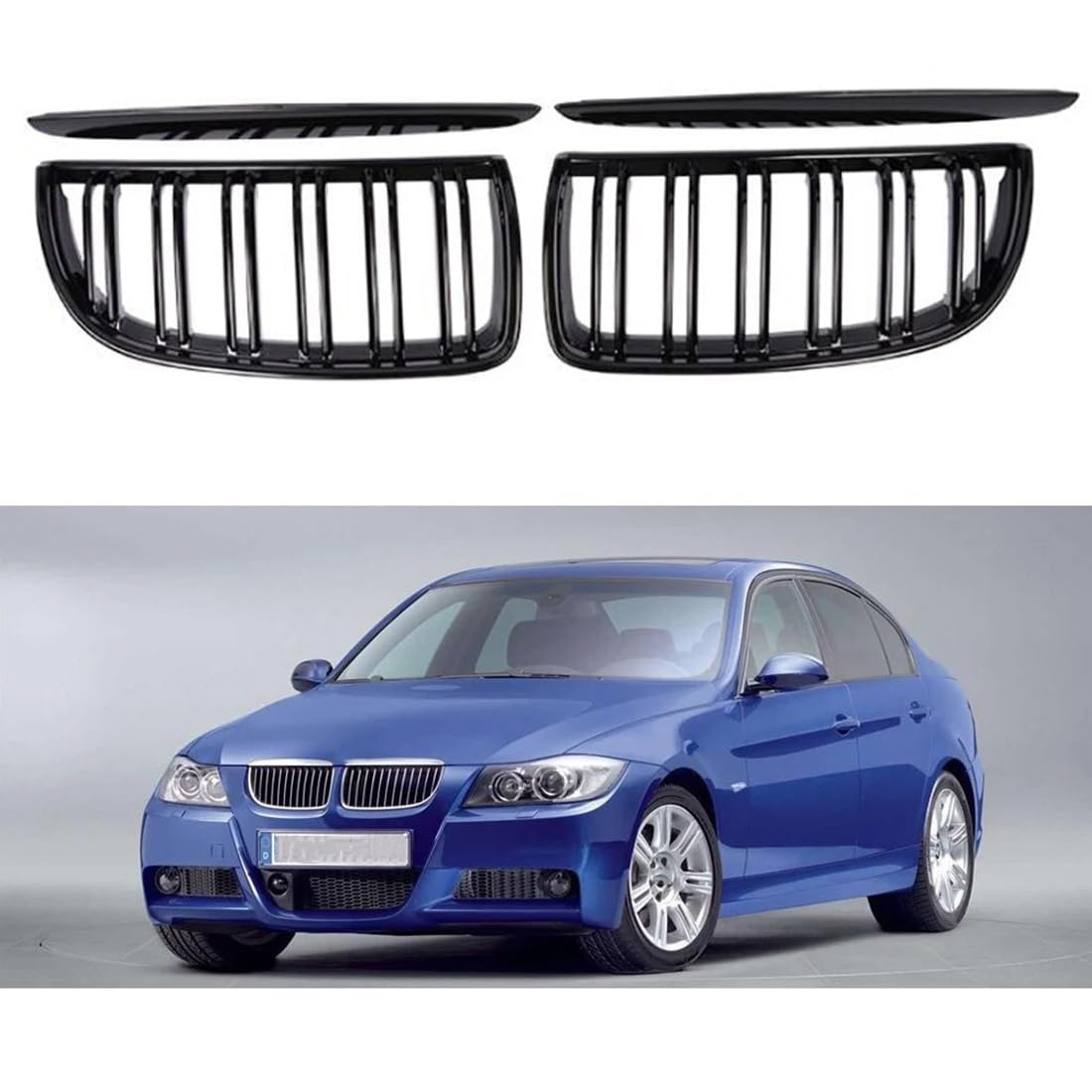 フロントグリルカ for BMW E90 E91 2005-2008 用、1 ペアグロスブラックダブルスラット車のフード腎臓グリルグリル