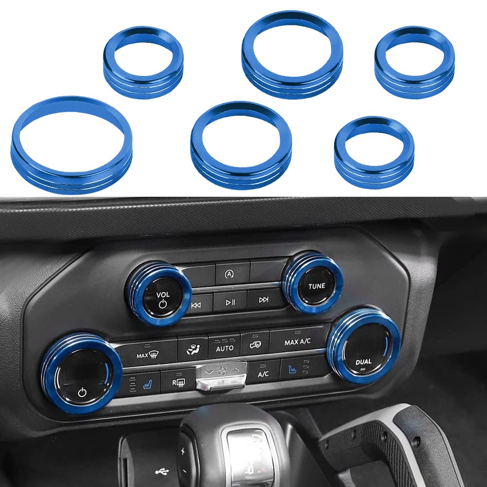 Rimoody エアコンヘッドライトスイッチノブ ホイール ドライブ トレーラー ギアスイッチ ノブカバー 2021-2022 Ford Bronco アクセサリー アルミニウム合金 6個 - ブルー