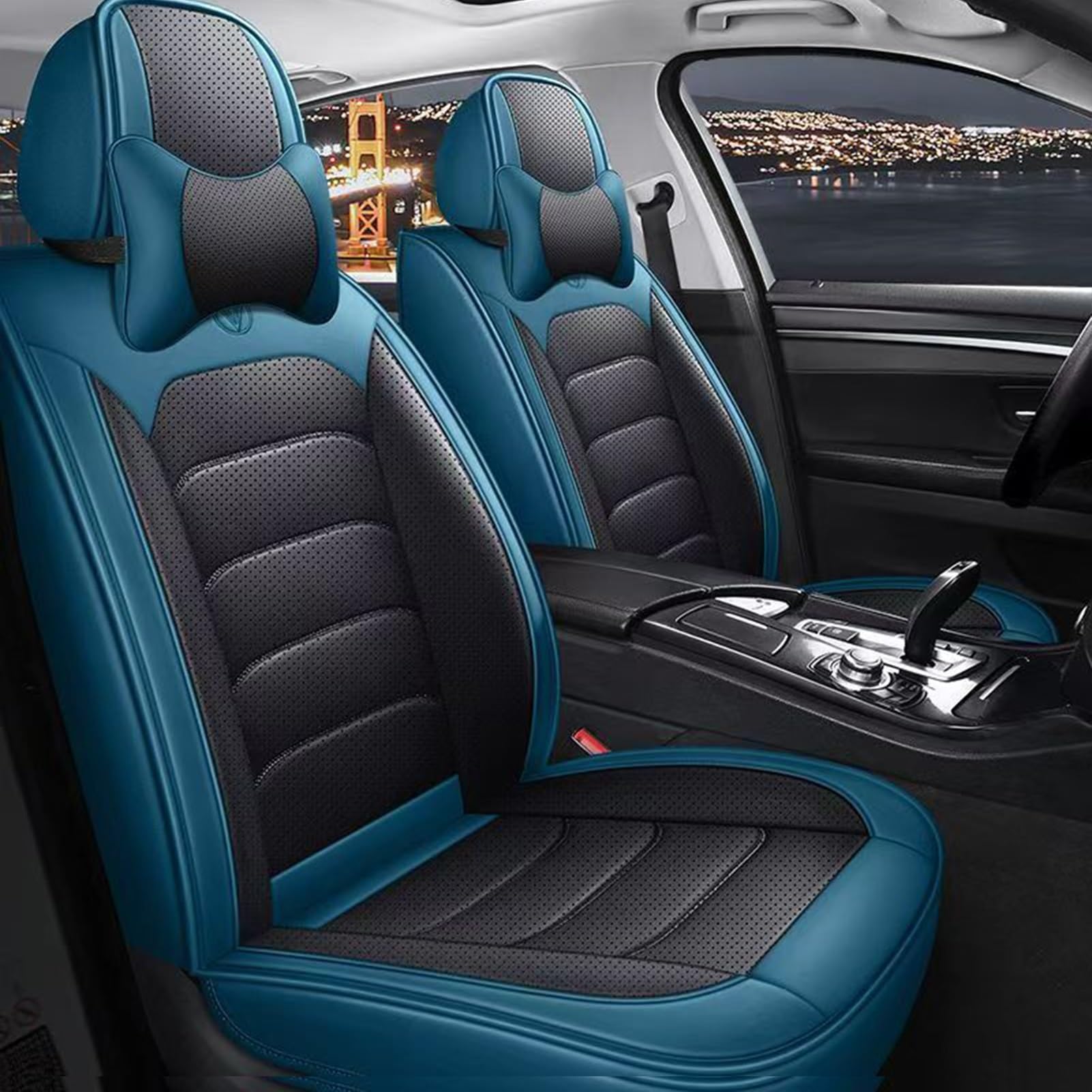 車用シートカバー トヨタ タウンエースバン S402Mに適用【2025新款】新型 カーシートカバー5枚セット シート保護四季汎用 滑り止め 弾性 座布団 レザー素材 通気性 汚れ防止 取付簡単 車内用品 豪華車 座布団(青と黒 5枚セット2枕)