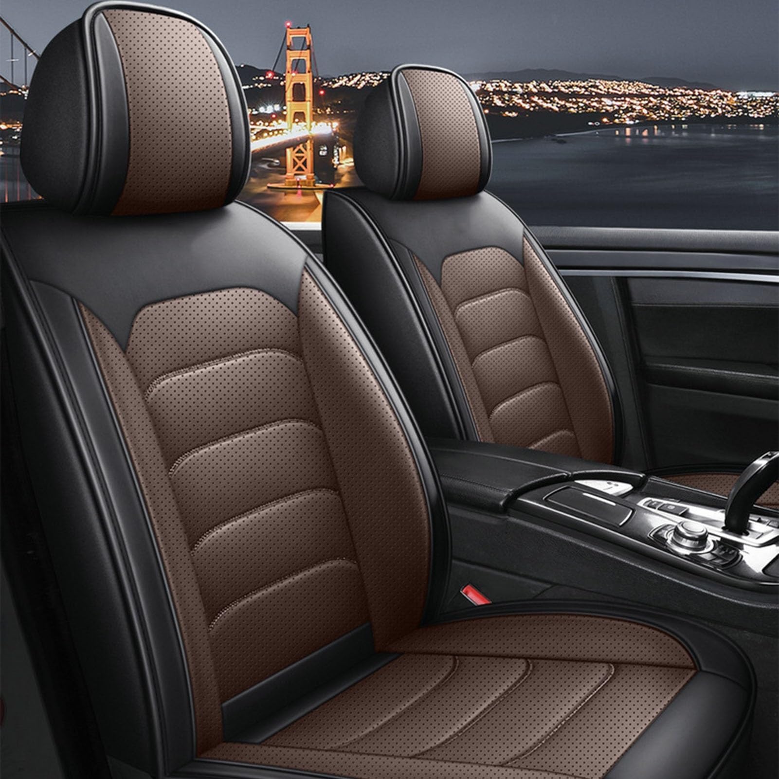 に適用ニッサン デイズルークスB21A 2014年2月～現行 専用 シートカバー5枚セット 保護四季汎用 滑り止め 弾性 レザー素材 通気性 汚れ防止(茶と黒 5枚セット)