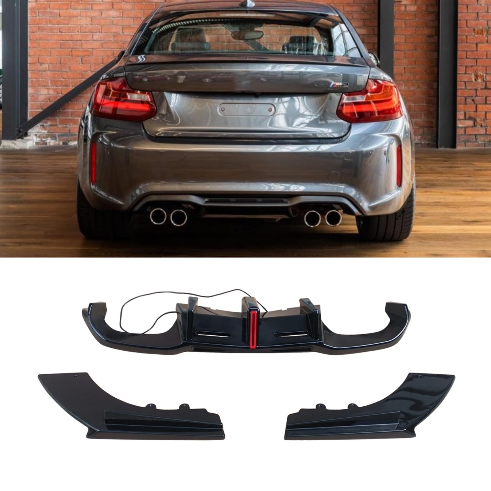 F87 リアディフューザー 2016-2022 BMW 2シリーズ F87 M2 車種専用 リアパンバースポイラー リアパンバーディフューザー ABS製 艶あり黒 ライト付