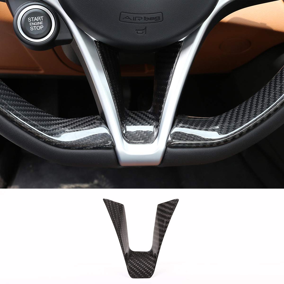 リアルカーボンファイバー車インテリアステアリングホイールの装飾ストリップトリム1個と互換性アルファロメオgiulia stelvio 2017-2019カー用品 (黒)