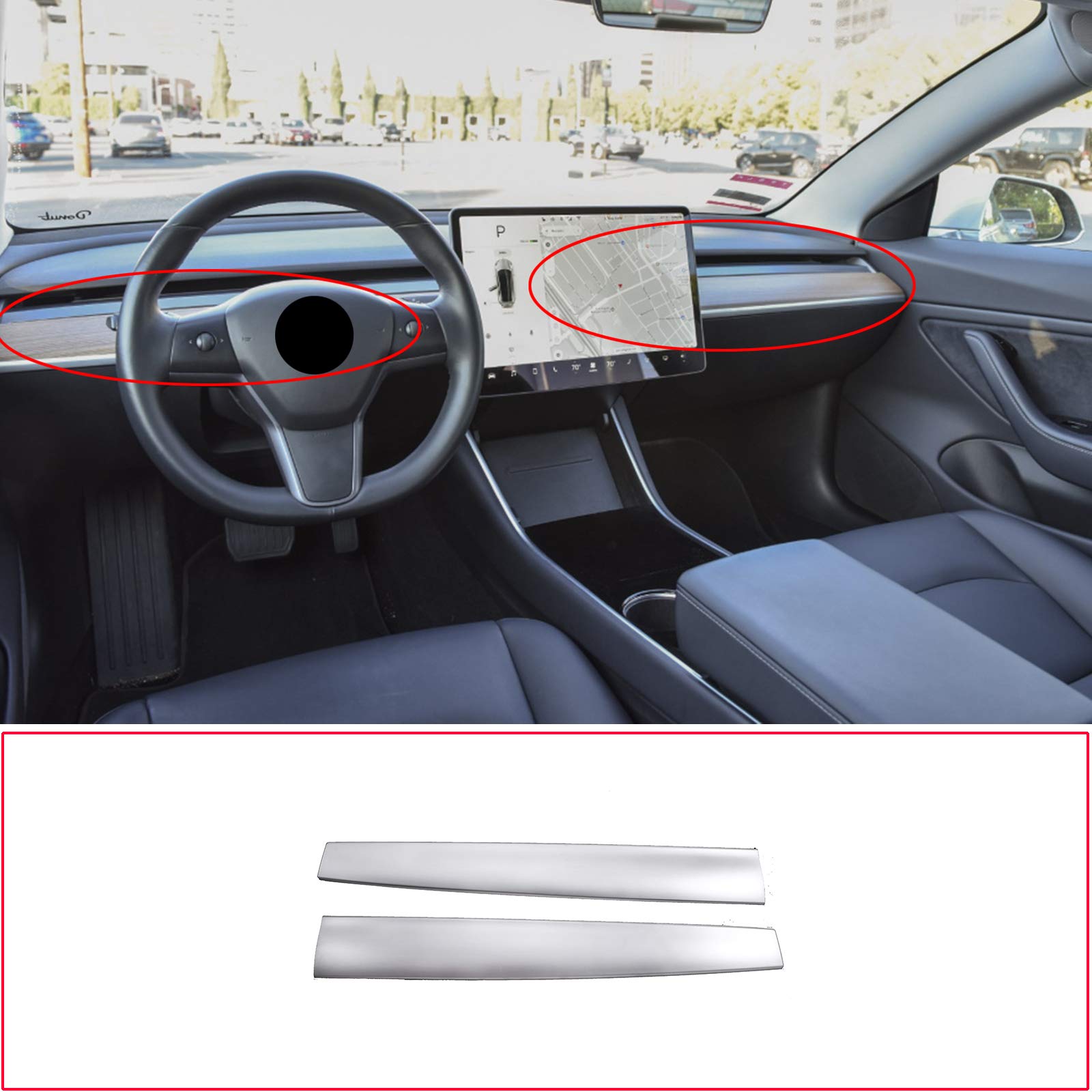 テスラ model3 ダッシュボード装飾ボード ABS オークグレイン 2ピースセット (シルバー)