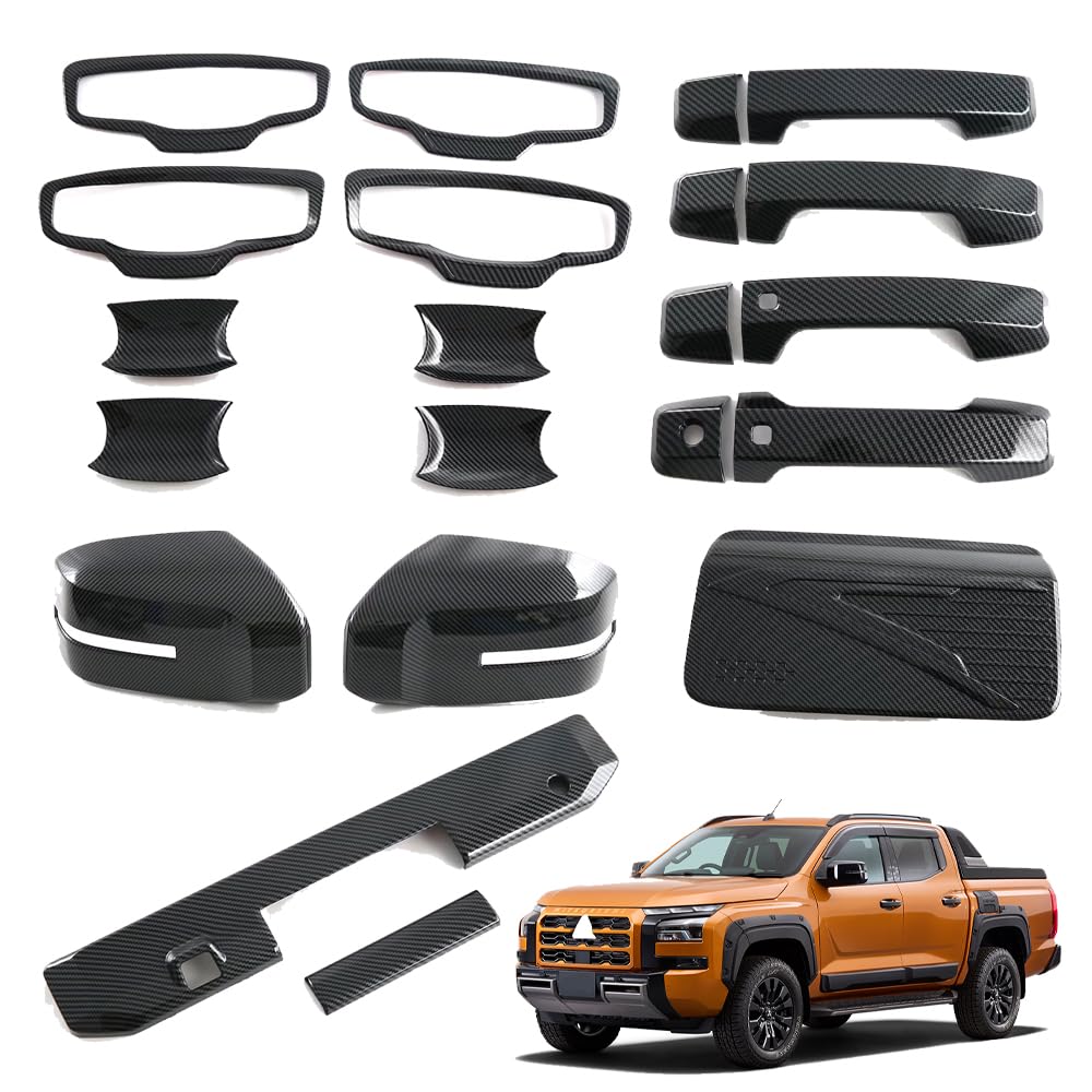 For 新型トライトンTriton L200 LC2T GLS GSR (2024年2月～)ルームミラーカバードアハンドル燃料タンクキャップテールゲート外装トリムセットカーボンファイバー12点セット右ハンドル専用 Triton L200アクセサリー12セット