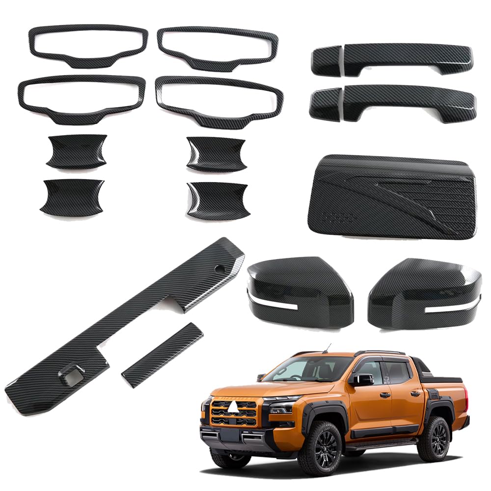 For 新型トライトンTriton L200 LC2T GLS GSR (2024年2月～)2ドア ルームミラーカバードアハンドル燃料タンクキャップテールゲート外装トリムセットカーボンファイバー12点セット右ハンドル専用 Triton L200アクセサリー12セット