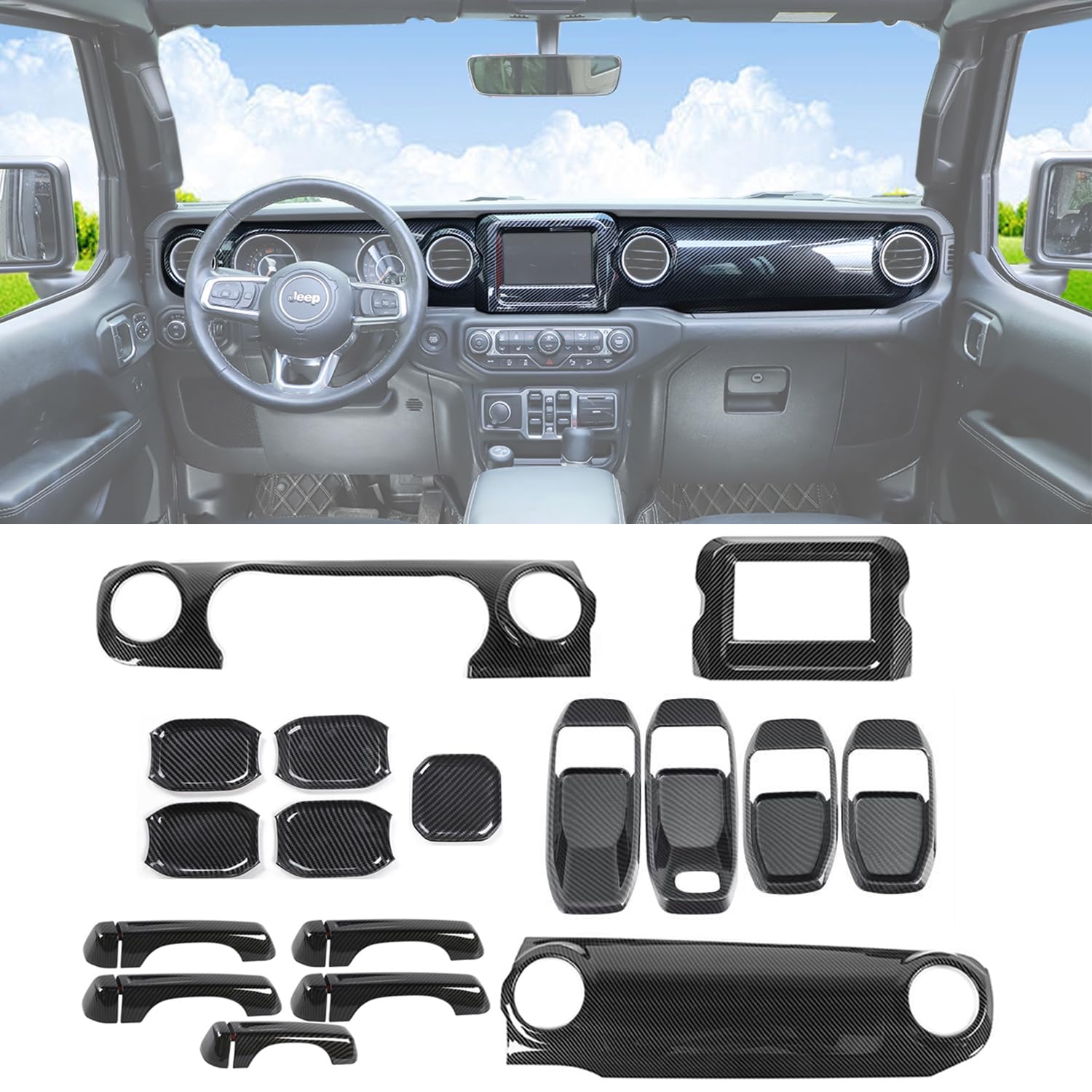 Wrangler JL 内装トリムキット カーボンファイバー風、ドアハンドルカバー ダッシュボードインテリアアクセサリー Jeep Wrangler JL JLU グラディエーターJT 2018年以降用 22個