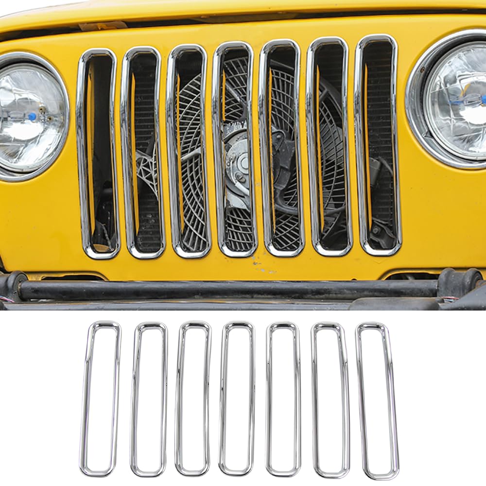 フロントグリルリングフレームグリルインサートカバートリムキット7個 Jeep Wrangler TJ 1997-2006 車用外装アクセサリー(クロム)｜lifeoneショップ