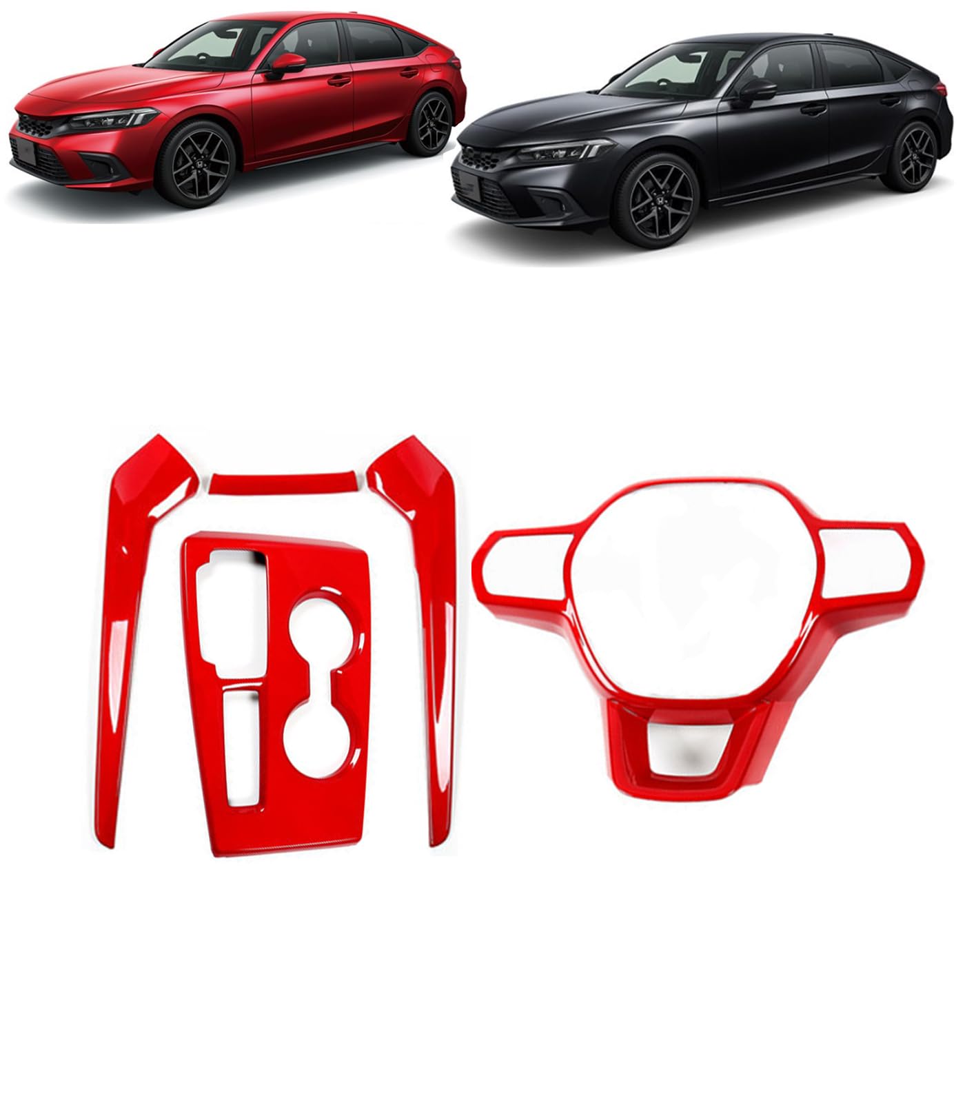 新型 シビック 11代目 FL1 に適合 2021年9月～ステアリングホイールパネル&シフトレバーパネル コンソールスイッチカバー ハンドルボタン装飾フレーム For CIVIC FL1 専用設計 【レッド】 [並行輸入品]