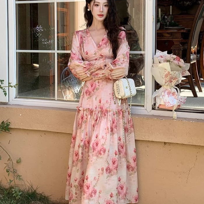 花柄 Vネック シャーリング フリル パフスリーブ 長袖 パーティドレス Aライン ロング ワンピース ピンク 上品 きれいめ 大きい