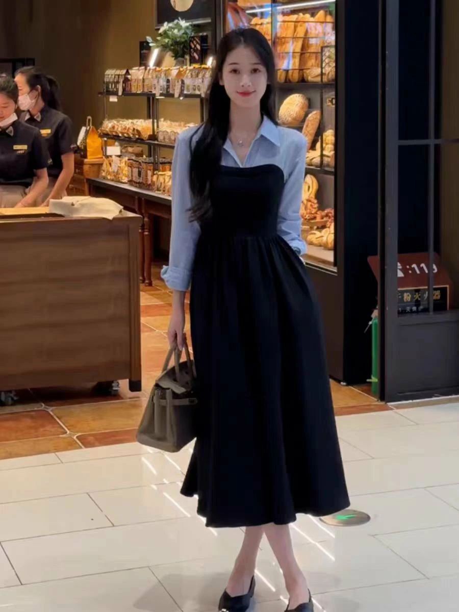 レディース ワンピース シャツワンピ ロング 長袖 Vネック 角襟 スリム 細身 Aライン フェミニン ファスナー ハイウエスト ボタン 切り替えデザイン 大人可愛い きれいめ 上品 おしゃれ とろみ感 抜け感 春 秋 通勤 デート お出かけ 重ね着