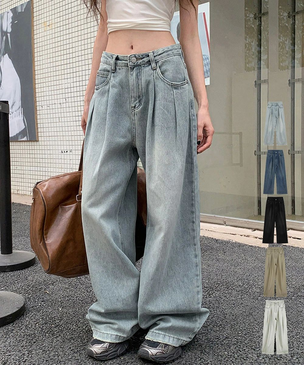 タックワイドデニムパンツレディース韓国風 ジーパン 着やせ スーパーワイドレッグ ロングパンツ 美脚脚長ワイドパンツ ゆったりジーンズおしゃれ 20代30代40代 miniministore 87BJH-001