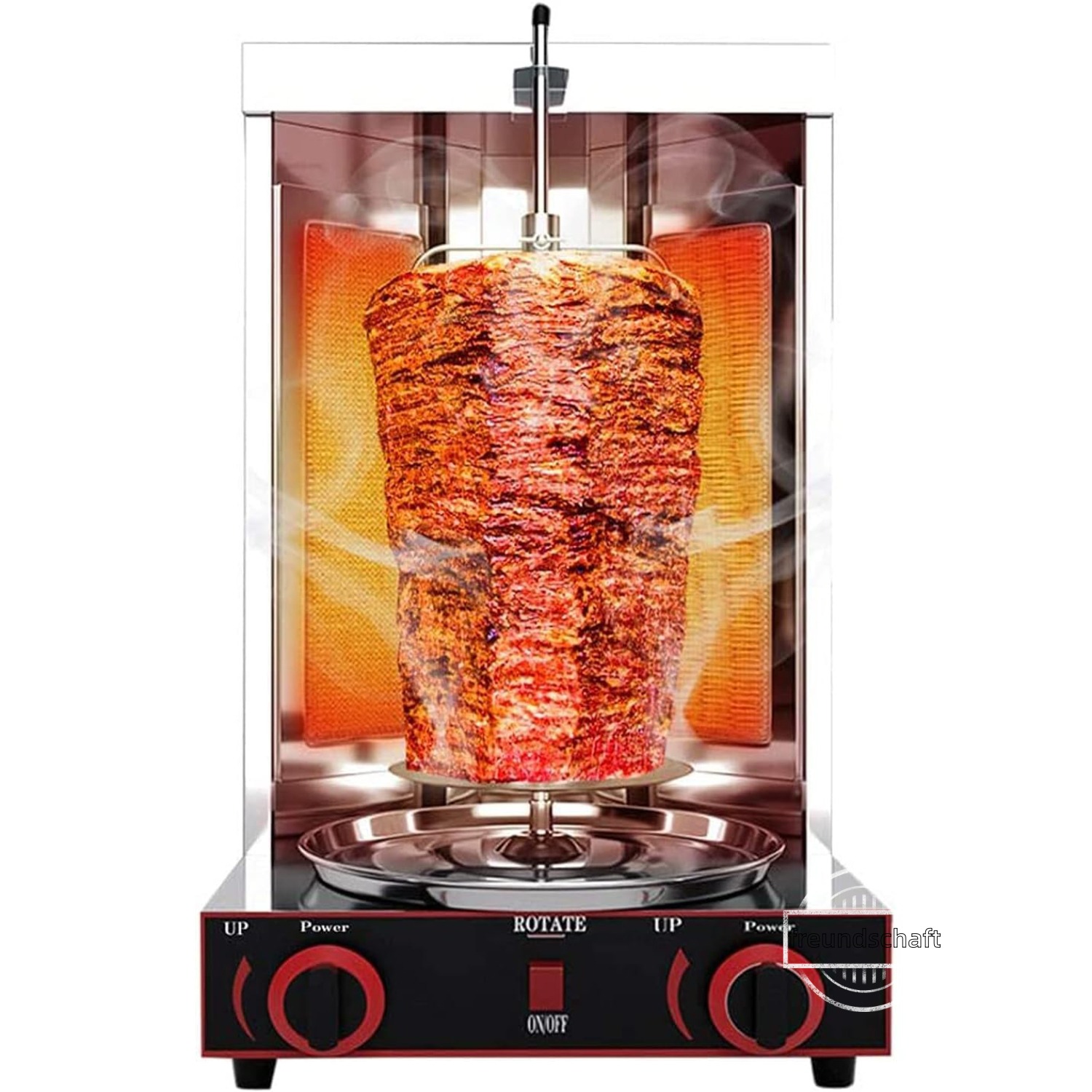 バーベキューミートマシン縦型グリラー 業務用 2つのバーナー 摂氏50～300度の温度調整可能 無煙 360°回転可能 食品用ステンレス鋼 二重制御独立スイッチ 容易な温度制御 ケバブマシン ロースト用 ローストチキン 焼き豚とご飯 飲食店向け 電圧110V LPG