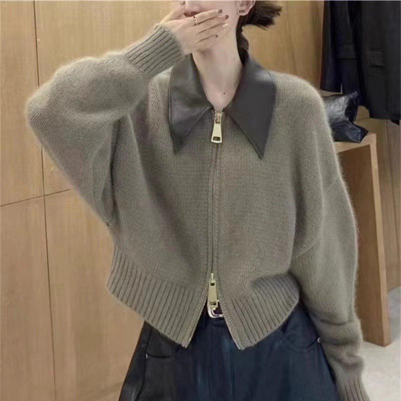 レディース ブルゾン アウター 長袖 角襟 ストリート ふわふわ リブ 前開き 配色 PU 大人可愛い シンプル おしゃれ かっこいい こなれ感 メンズライク ボーイッシュ 個性的 主役級 無地 秋 冬