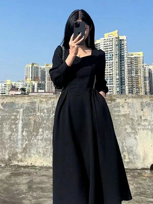パフスリーブ おしゃれ 着 ミモレ丈 お洒落 黒ワンピース 秋 冬 綺麗め レディース 体型カバー きれいめ きれい 着痩せ 切替 め