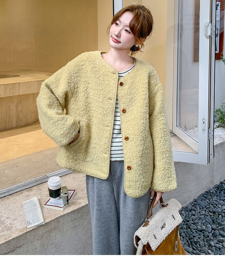 レディース アウター ウール ボアジャケット 長袖 フェミニン もこもこ ふわふわ 厚手 裏起毛 かわいい 大人可愛い シンプル カジュアル おしゃれ 無地 秋 冬 お出かけ 女子会 休日 暖かい 防寒 着回し S M L XL 黄色