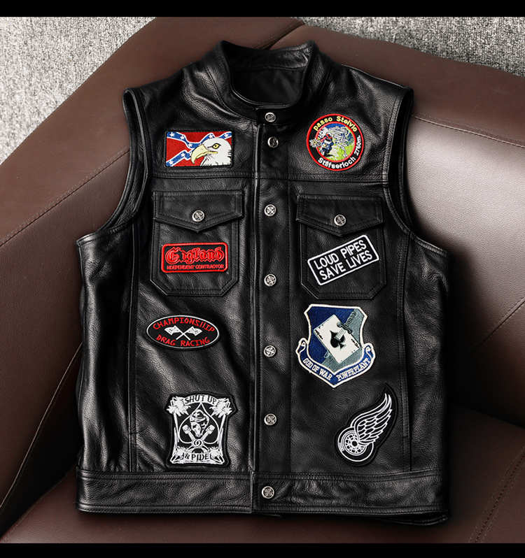 楽天市場】本革ベスト 牛革 ステッチワッペン 刺繍 バイク アウター 袖