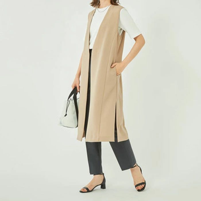 夏 涼しい ジレ ベスト 薄手 裏地なし ロングジレ ロングベスト レディース ベージュ ロング丈 ノーカラー アウター オーバーサイズ 大きいサイズ ブラック 春 夏