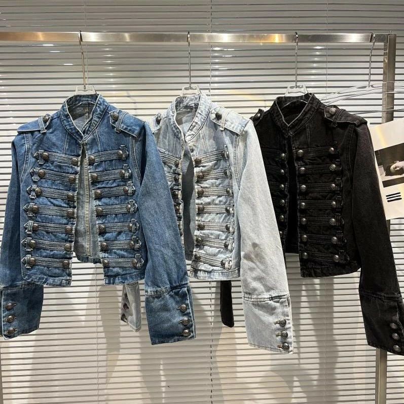 ナポレオンジャケット デニム レディース ショート丈 春 アウター スタンドカラー ノーカラー デニムジャケット Gジャン ミリタリー デザインボタン 個性的 モード系 大人カジュアル 30代 40代 ファッション