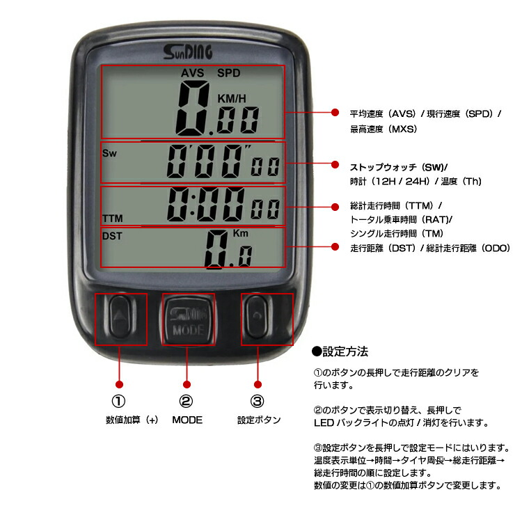 使い勝手の良い 防水 自転車 サイクルコンピューター 速度 距離 温度 計測 バックライト機能 走行距離 走行時間 時計 ストップウォッチ 防雨  LP-SD563A toothkind.com.au