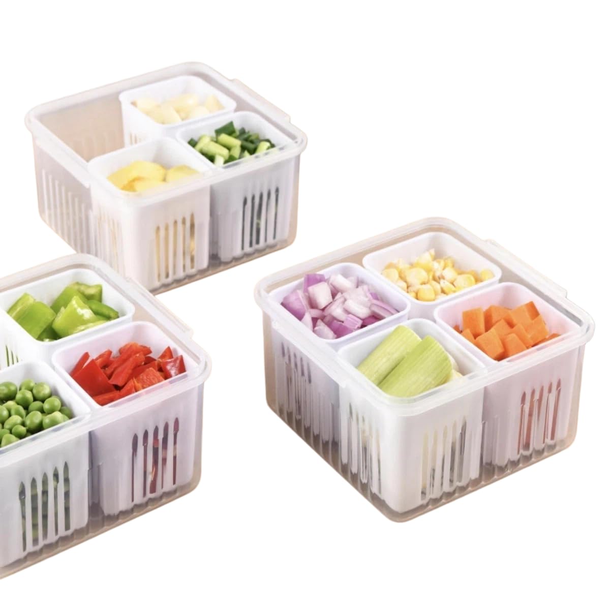 Fiozwea食料雑貨類の保護することや水切りに至適な、切れ込みネギ、生薑、葫などを保護することできる入れものです 密閉式で、複数形の中仕切りがあり、食料雑貨類の鮮度を保ちます。 (白いこと,中仕切り4つ)