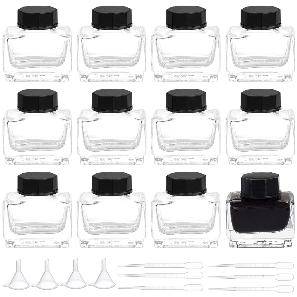 R 12個 インキ瓶 空硝子瓶 15ml 空インキ瓶 漏斗4個、ビュレット6個付き添い人 流動物保護すること入れもの エンプティーボトル 筆 表意文字 進学 ガラス瓶