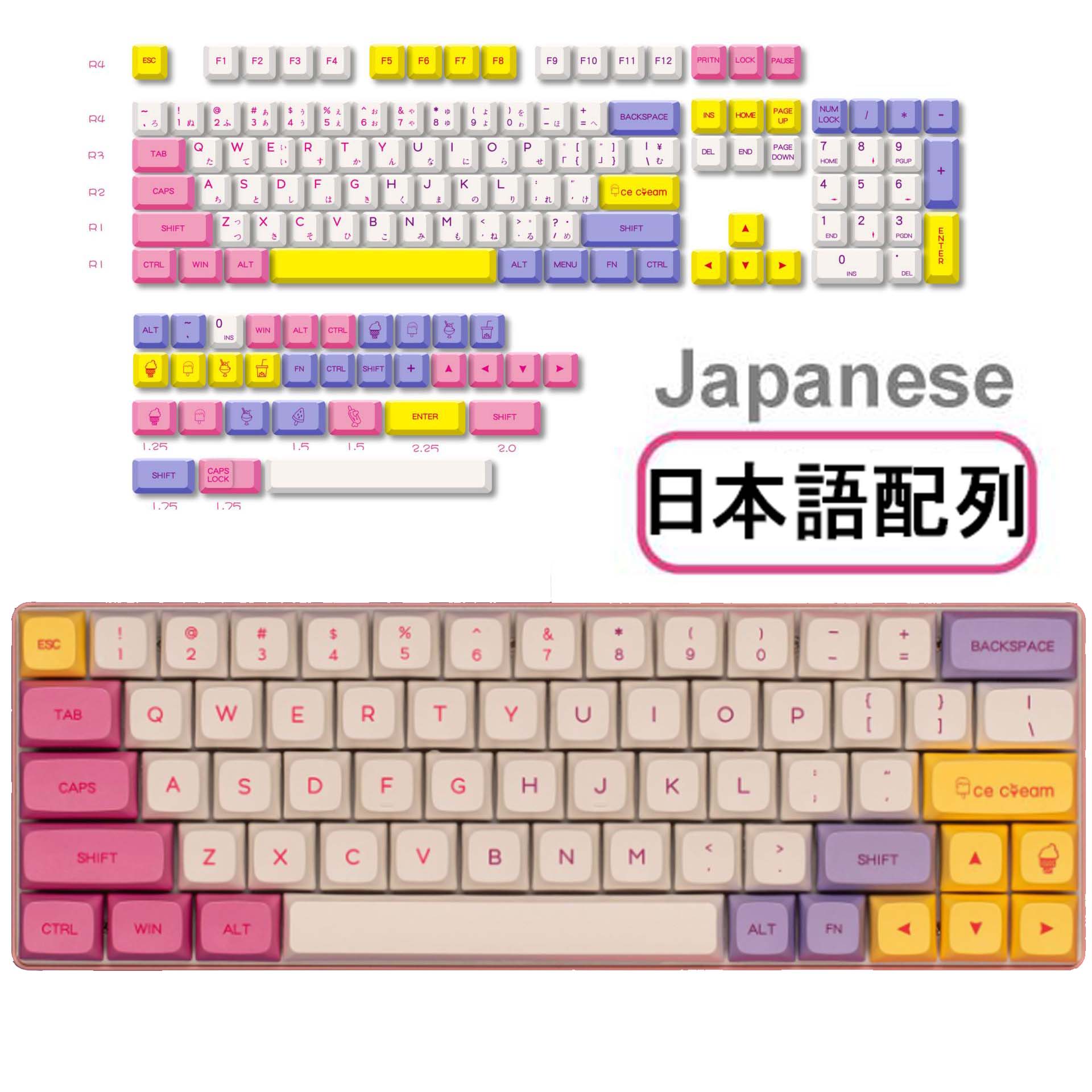 アイスクリームキーキャップ PBT 日本語 136キー XDA プロファイル かわいい キーキャップ カスタム 昇華型キーキャップ メカニカル ゲーム ギア 静音 レトロ 昇華形キー テンキー PC用キーボード windows/mac対応 テレワーク 在宅勤務 送料無料画像