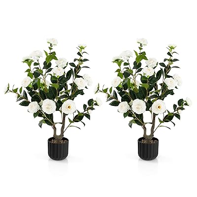 人工観葉植物 ツバキ 造花 フェイクグリーン 高さ95cm 本物そっくりの人工植物 人工樹木 インテリアグリーン 観葉樹 植木 世話がない 枯れない 裏庭 屋内 オフィス お祝い 結婚 現代的な装飾 新築祝い ホーム ギフト(ホワイト 二個セット)｜LIFE QUEST