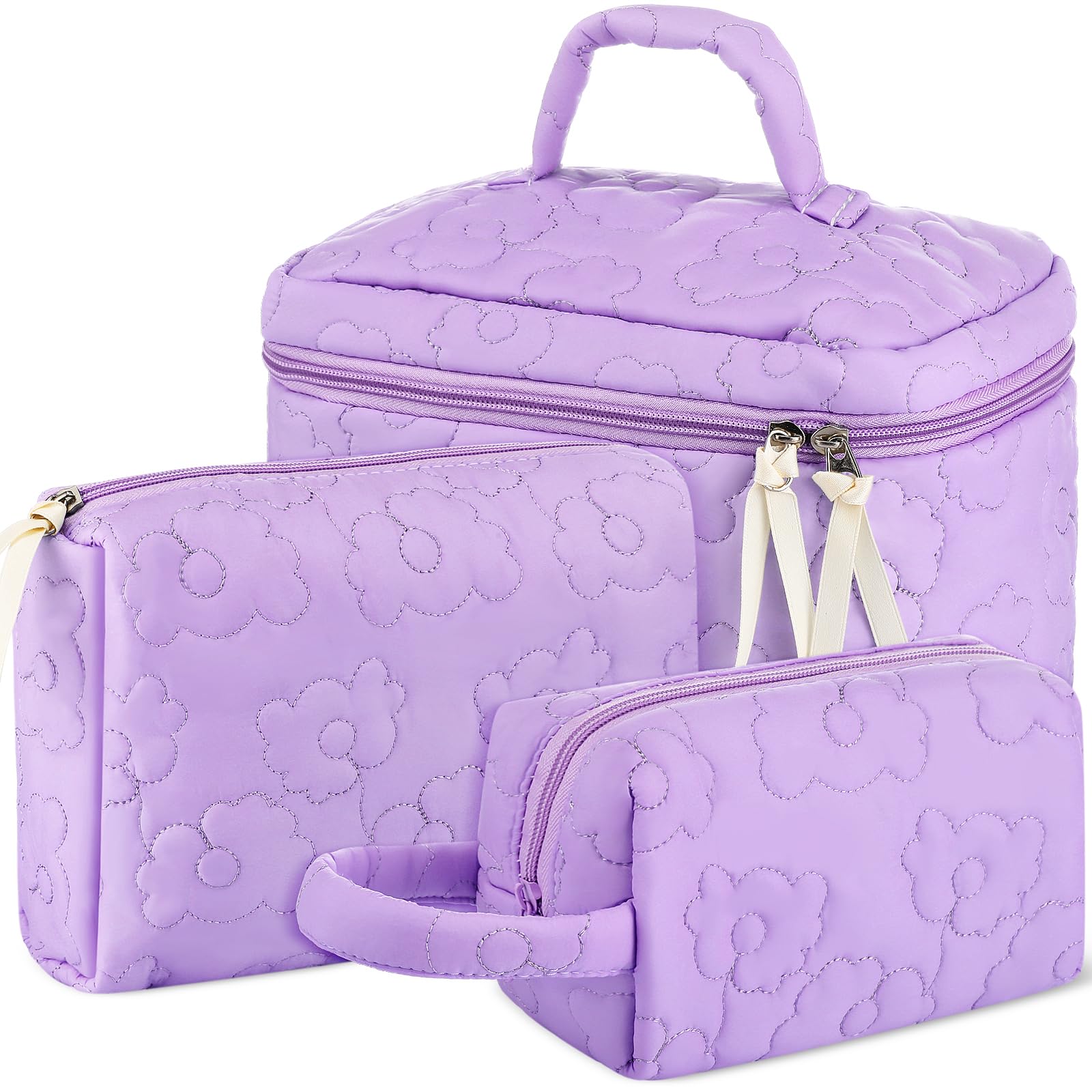 Paterr 3ピース コットン キルト メイクバッグ セット コケット コスメティックバッグ 美的 旅行 洗面用品 バッグ かわいい ポーチ かわいい 美的 女性用, パープルフラワー｜LIFE QUEST