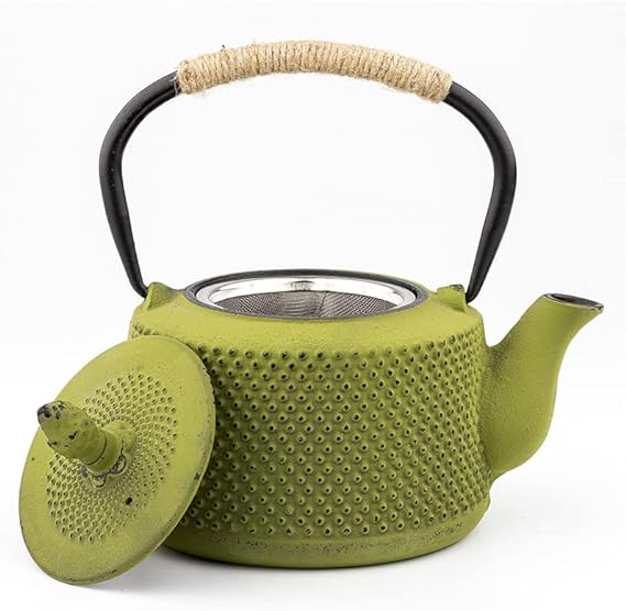 鉄瓶 南部鉄器 直火可 H調理器対応 急須 鉄分補給 やかん 鉄びん 鉄器 鋳物 ガス 電気コンロ 炭火 茶道道具 丸型 茶こし付き 断熱特性に加 伝統工芸品新築祝いや引越し祝い 贈り物には最適 (850ml,グリーン)