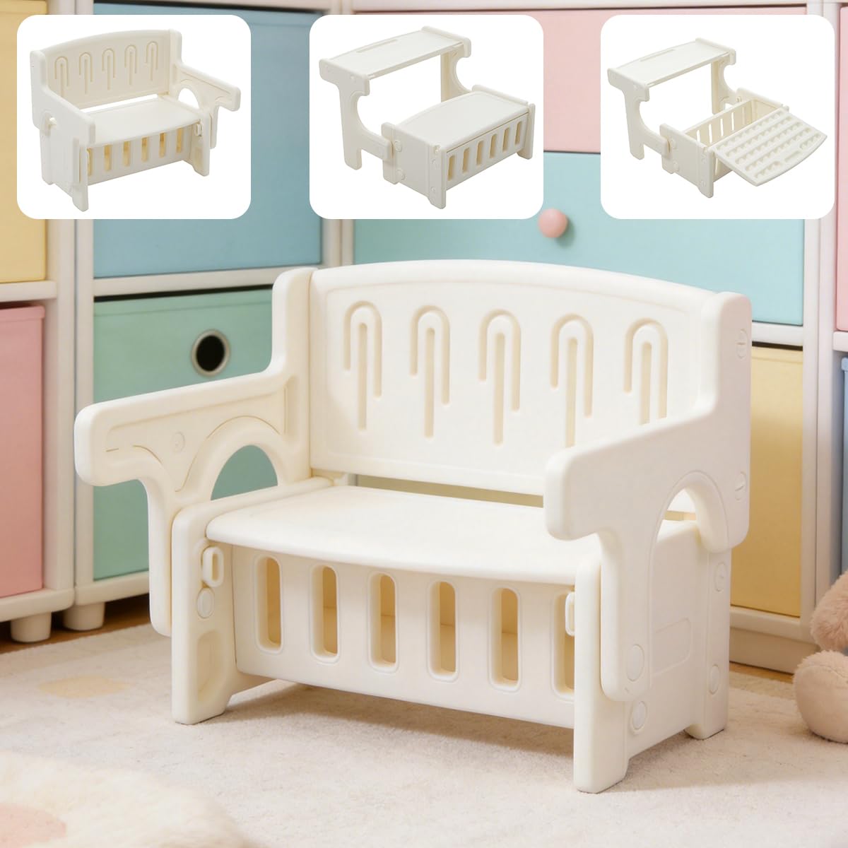 一体式デスク&amp;チェア 子ども用 3IN1 多機能 キッズデスク チェアセット ブロックデスク 収納付き 子供テーブル椅子セット 知育 勉強 絵かき ダイニング ブロック遊び プレゼント 机椅子セット (ベージュ)｜LIFE QUEST