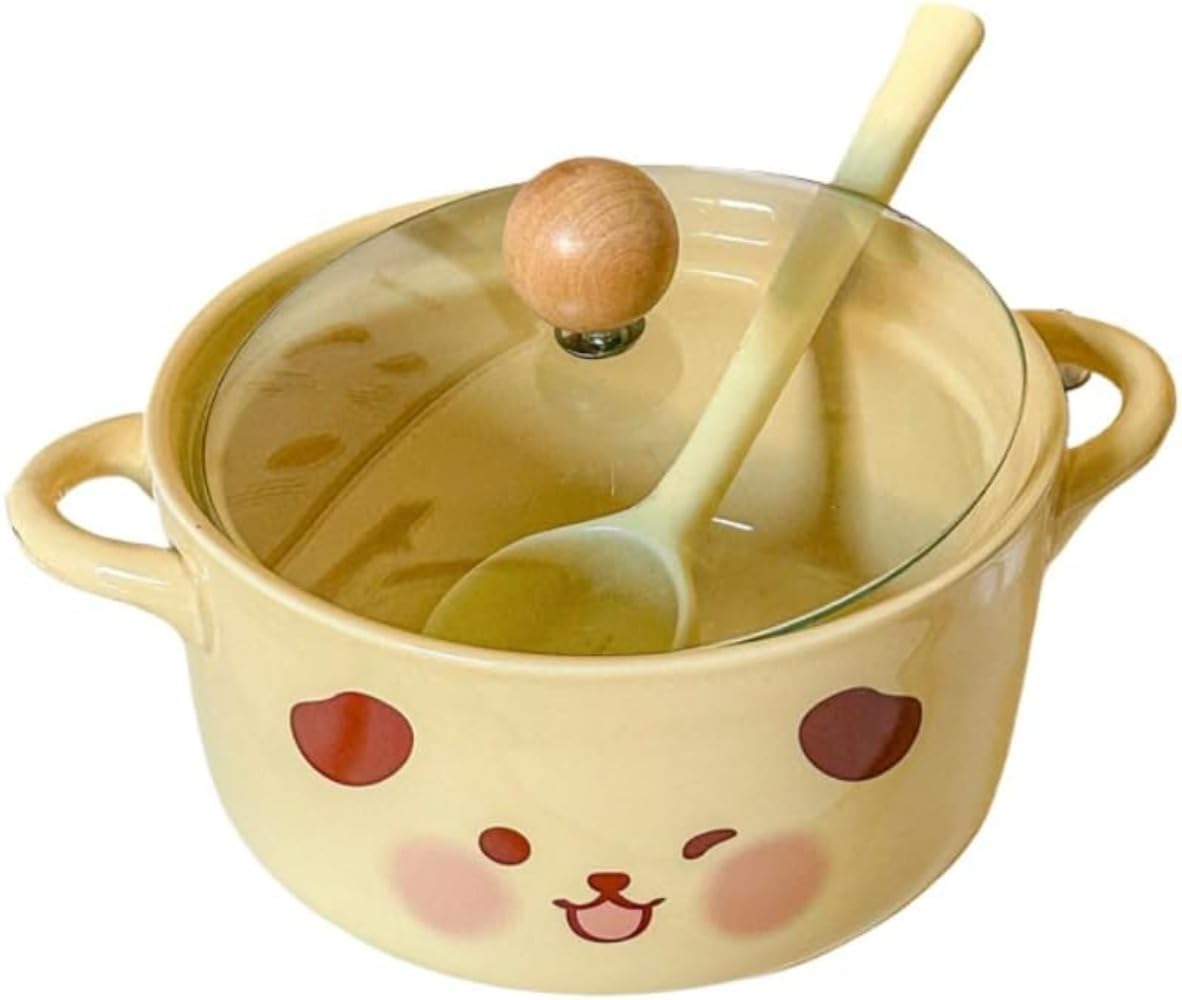 Ladfrol セラミックインスタントラーメン 蓋付き添い人 大学生寮 インスタントラーメンボウル 愛くるしい渦巻き麺どんぶり鉢 蓋付き添い人両耳吸いものどんぶり鉢 + 専用刀圭 (A) [並行輸入品]
