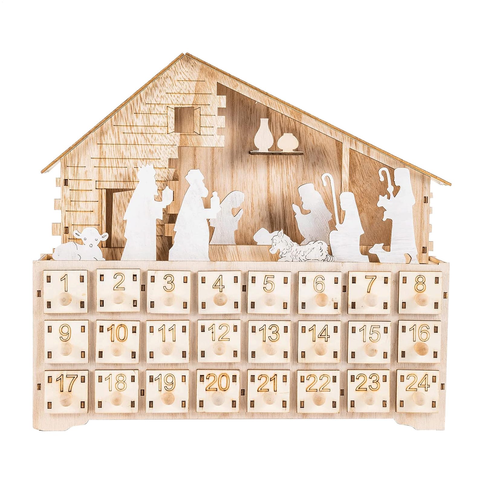 生まれ落ちる一こま抽き出しアドベント | 木製クリスマス飾りつけ | LED点灯抽き出しカウントダウン暦 | 屋内 御休み 学習机とっ始め 赤ちゃん 成年者 用