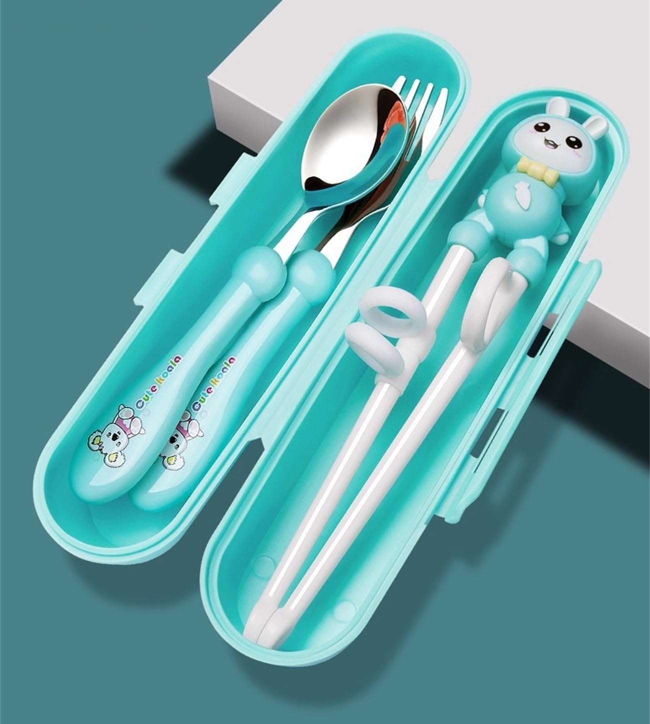 形づくる箸 ちびっ子用食器書き割り カトラリーアソートセット 召し上がる 訓練を受ける用食器 刀圭民俗音楽食器書き割り 4点書き割り 容れもの付き添い人 持ちかた覚え箸 形づくる召し上がる 乳幼児 身寄り用 幼稚園 保育園 (青碧, 容れもの：19*5珊)
