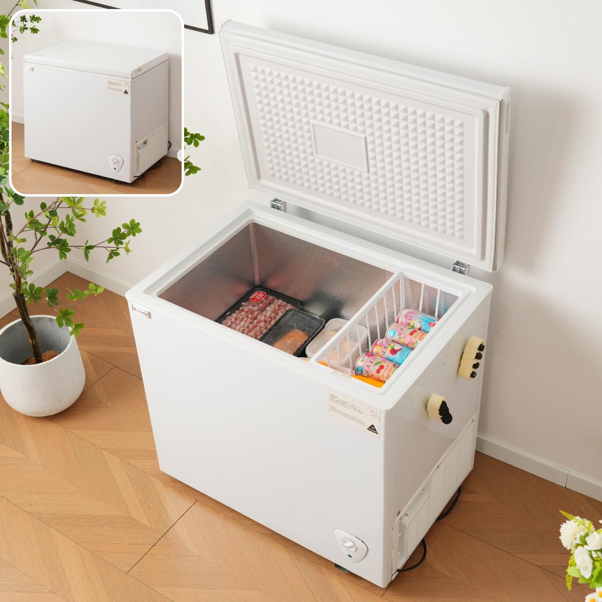 凍結器 153L 大静電容量 気温調節する7度合い 身寄り用 御勤め用 チェストフリーザー 上くい違い式 直冷式 提げ篭付き添い人 冷凍庫 ストッカー 鍵付き添い人 省エネ か細い 氷る電気冷蔵庫 氷 静音 氷る食料雑貨類 店卸し資産 勝手もと家電 (153L、白いこと)