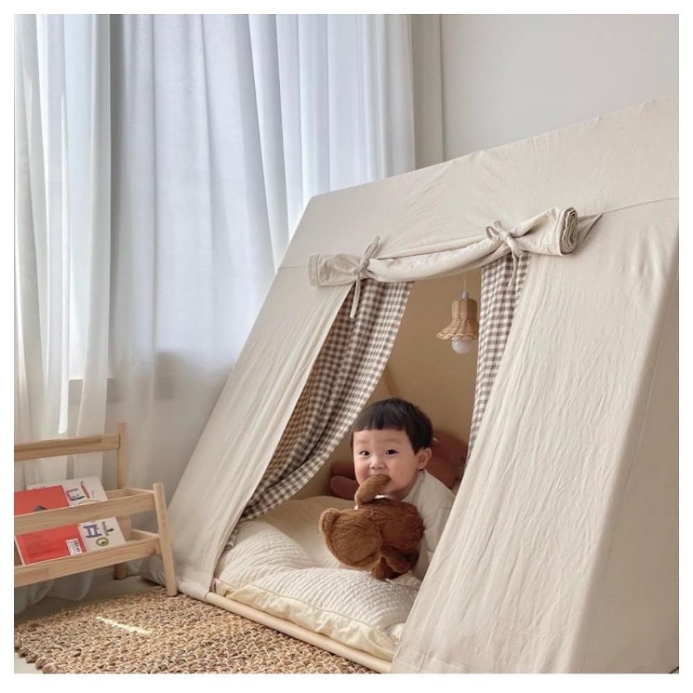 JICOMUSちびっ子用天幕、屋内ちびっ子用天幕、手あそびの家城、綿帆布ちびっ子用プレイテント、木製ひな形、３角形のプレイハウスちびっ子用天幕、屋内親子お座敷、生まれ落ちる日、ちびっ子の日、完全無欠さな差し上げ物 (赤銅色の引き幕 + ベージュの座布団 + 派手な旗の点火装置より糸)