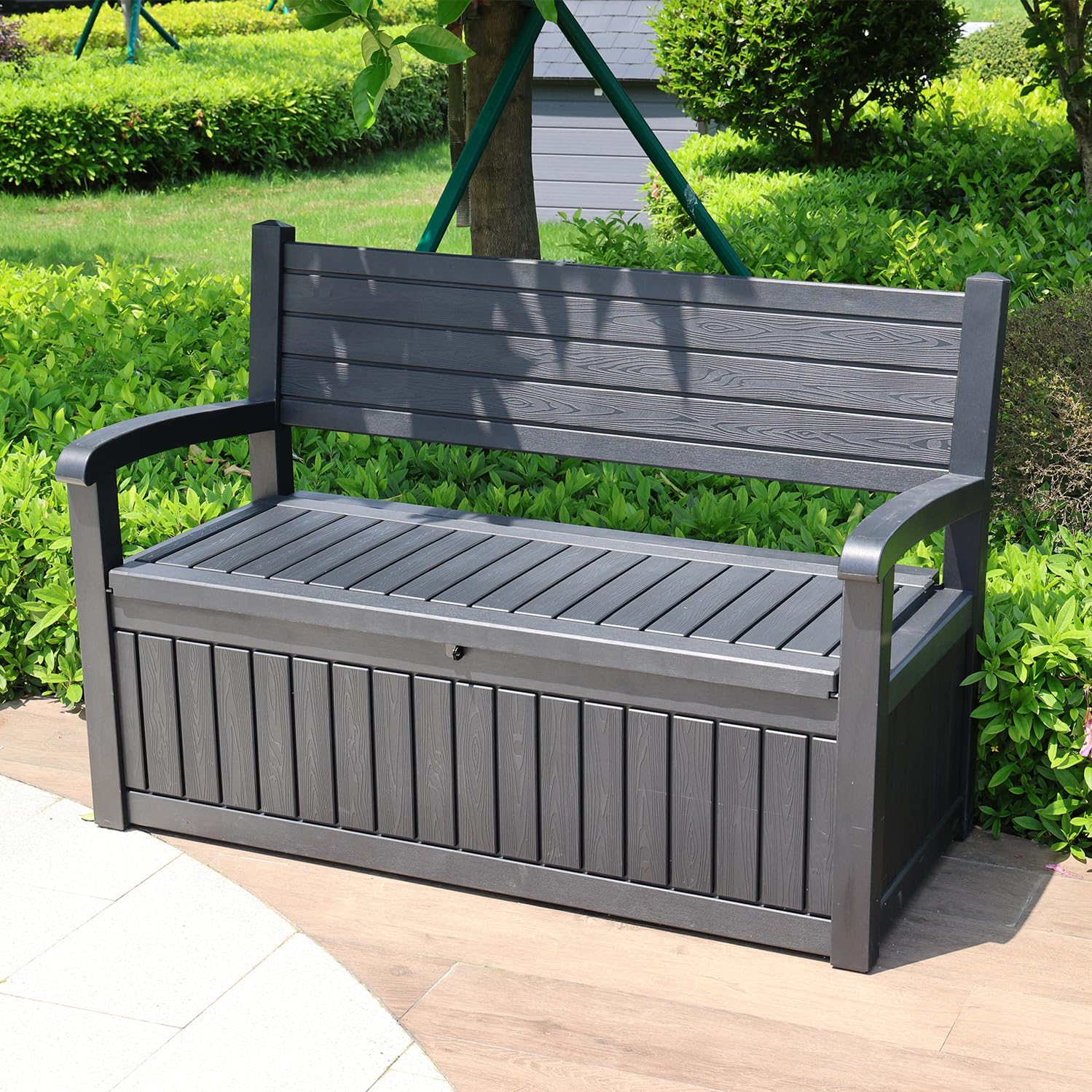 屋外収納ボックス 収納ボックスベンチ 屋外ベンチ 耐荷重200kg 戸外収納庫 高耐荷重 大容量 木目調 鍵穴付き 物置 レンガ調 収納ストッカー 樹脂製 組み立て簡単 防水 耐侯 ガーデン/庭/ベランダ 頑丈 庭用可能 子育て ガーデニング 組立式 工具不要 (ブラック)|LIFE QUEST