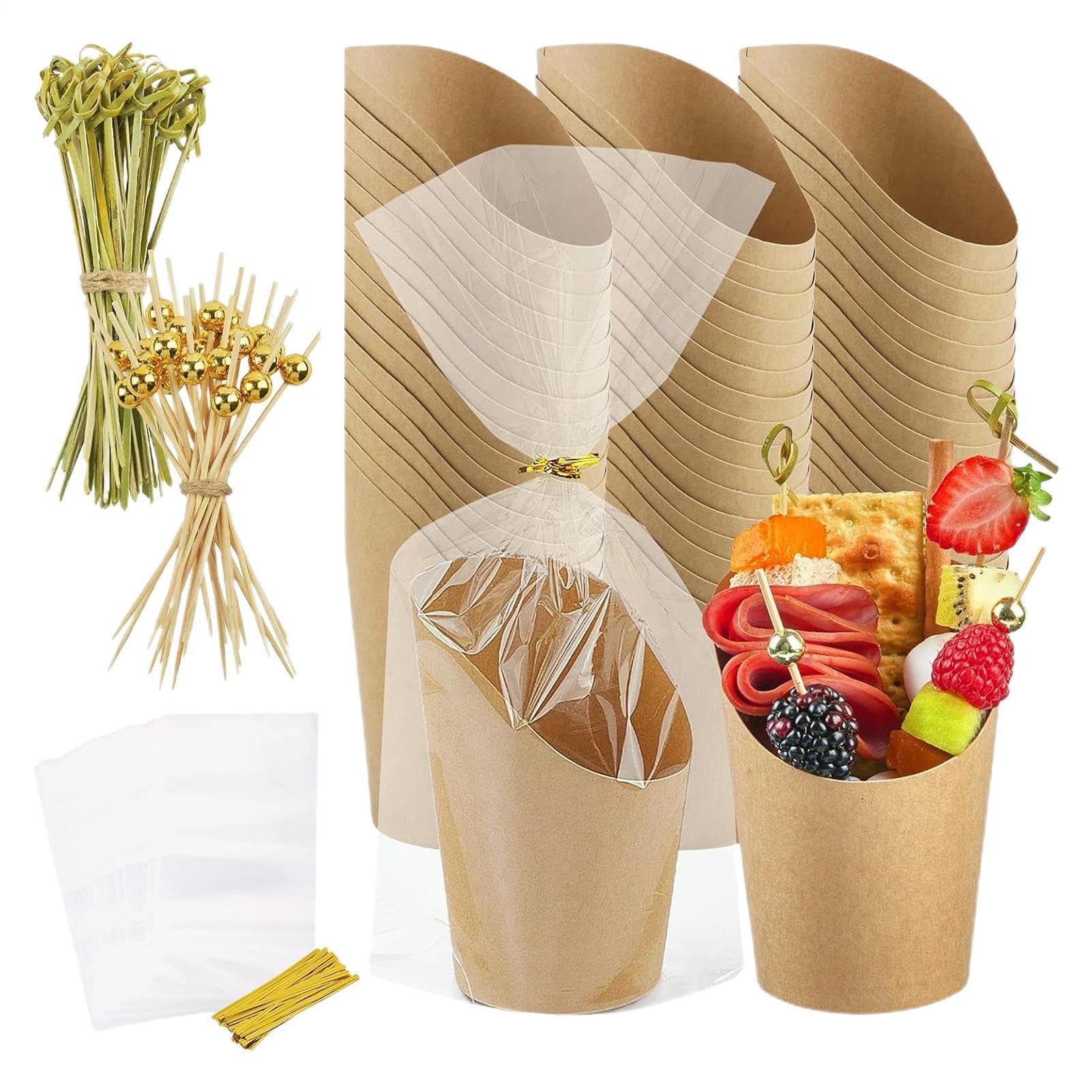 14薬局衡オンス Charcuterie Cups - Disposable Snack with Sticks Picks, 50 Bags 200 Picks Included | Popcorn Waffle Chip Holders for Party Birthday Wedding Holiday Catering Event Table