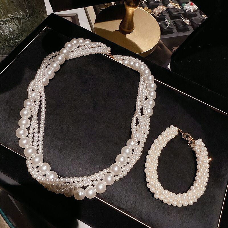 【予約】華やか 人工パール ネックレス ブレスレット レディース シェルパール 重ね付け レイヤード ツイストデザイン 麦の穂モチーフ 上品 高見え エレガント 結婚式 フォーマル パーティー ギフト 化粧箱なし｜Lifeshop MEGO