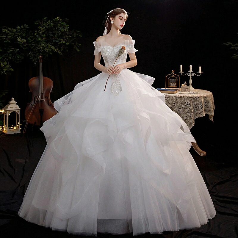 ウェディングドレス 袖あり 半袖 花嫁ドレス オフショルダー フリル ロングドレス ホワイト 結婚式ドレス 白 Vネック ブライダルドレス Aライン ロング丈 ウエディング ドレス スパンコール キラキラ 二次会 披露宴 海外挙式 プリンセスドレス送料無料 SS S M L LL 3L 4L
